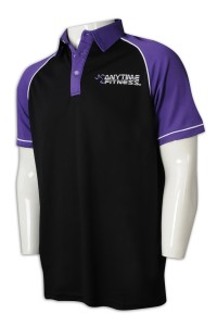 P1127 設計撞色胸筒Polo恤 供應牛角袖撞色Polo恤 健身中心 Polo恤制衣廠    黑色撞色紫色領和袖子